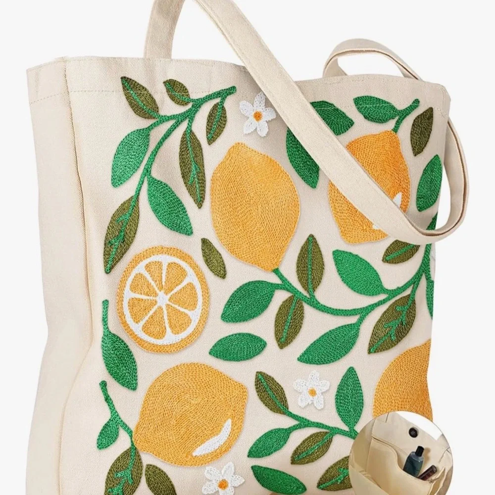 NEW Embroidered Lemon Canvas Tote Bag - Picture 4 of 4